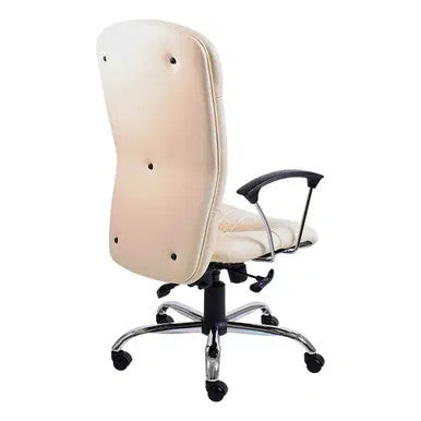 Zelda High-back Office Chair by Office Stock South Africa, a Comfortable Workspace Chair with White Upholstery, Black Armrests, and a Silver Metal Base with Five Wheels, Providing Ergonomic Support and Comfort for Daily Work Activities.