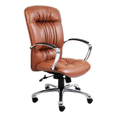 Brown Leather Executive Office Chair with Tufted Seat and Backrest, Chrome and Black Base, and Armrests, from Brand 67, Featuring a High-back and Five Wheels, Showcasing Comfort and Functionality.