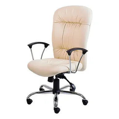 Zelda High-back Office Chair by Office Stock South Africa, a Beige Leather Office Chair with Black Armrests and a Chrome Base, Ideal as an Office Chair for Home or Workspace, Showcasing Comfort and Ergonomic Design.