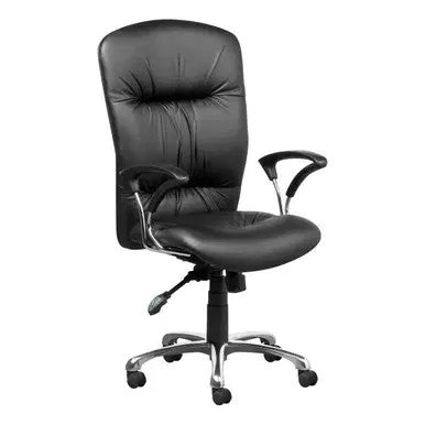 Zelda High-back Office Chair by Office Stock South Africa, a Comfortable Workspace Chair with Black Leather Upholstery, High Backrest, and Silver Metal Base with Wheels, Providing Ergonomic Support and Comfort for Daily Use.