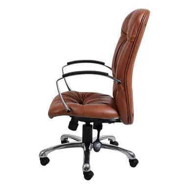 Brown Leather Ergonomic Office Chair, Zelda High-back by Office Stock South Africa, Featuring a High-back, Tufted Seat, Metal Arms, and Five-Star Chrome Base with Black Casters, Showcasing Comfort and Functionality.