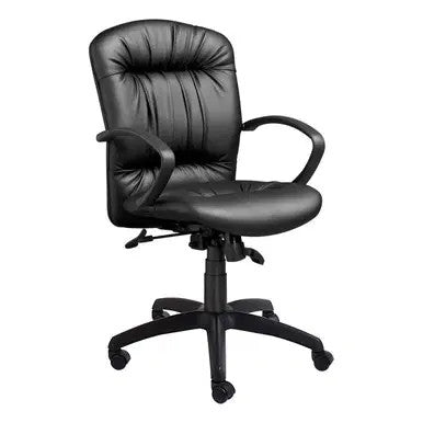 Zelda Medium-back Office Chair by Office Stock South Africa, a Hybrid Work Chair with Ergonomic Design, Black Leather Upholstery, and Five-Star Base with Wheels, Providing Comfort and Support for a Productive Workday.