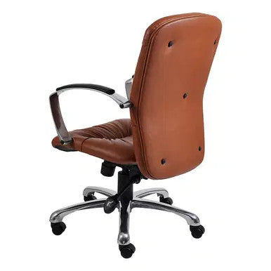 Brown Leather Zelda Office Chair with Medium-back, Silver Metal Base, and Black Castors, Featuring Adjustable Armrests and Ergonomic Design, Showcasing the Rear and Side Profile Against a White Background.