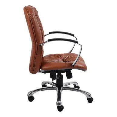 Brown Leather Zelda Office Chair with Black Metal Frame, Tufted Seat, and Five-Star Chrome Base on Casters, Showcasing Medium-back Design and Armrests, from Brand 67, Presented on a White Background.