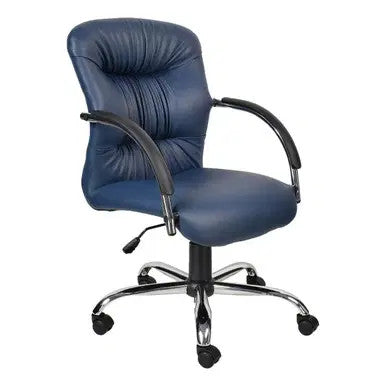 Zelda Medium-back Office Chair by 67, a Durable Office Furniture Piece, Featuring a Blue Leather Seat and Backrest, Black Arms, and a Chrome Base with Five Wheels, Providing Ergonomic Support and Comfort.