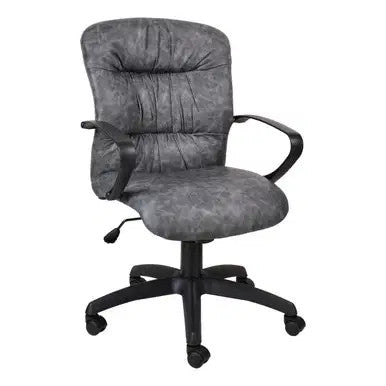 Grey Hybrid Work Chair, Zelda Medium-back Office Chair by Office Stock South Africa, Featuring a Padded Seat and Backrest, Black Frame and Armrests, and Five-Star Base with Castors, Providing Ergonomic Comfort and Support.