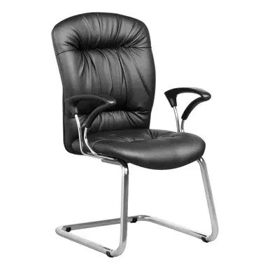 Zelda Visitor Office Chair by Office Stock South Africa, a Stylish Office Seating Option with a Black Leather Seat and Backrest, Silver Metal Frame, and Armrests, Perfect for Corporate Offices and Educational Institutions.