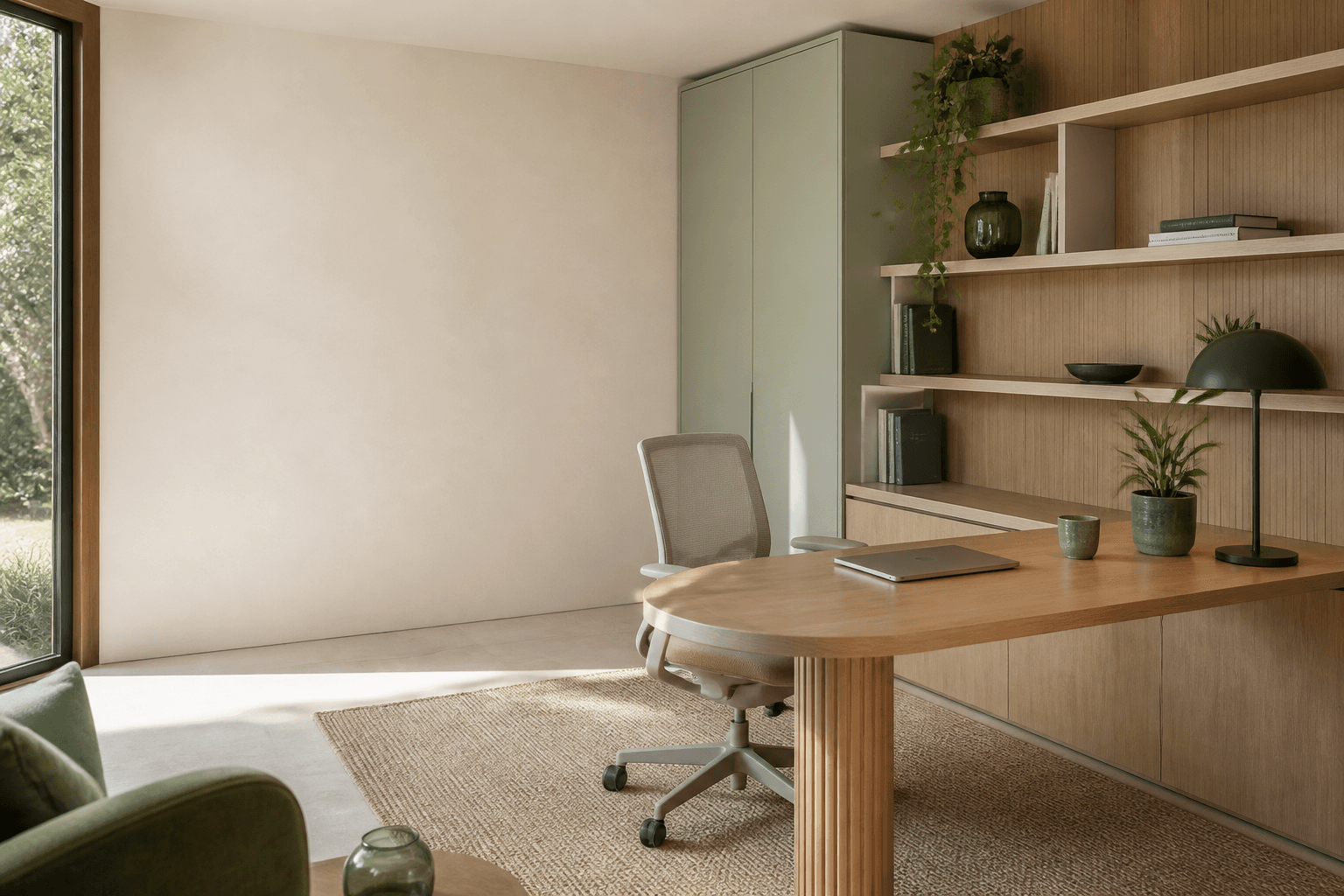 Contemporary home office with a desk, task chair and storage