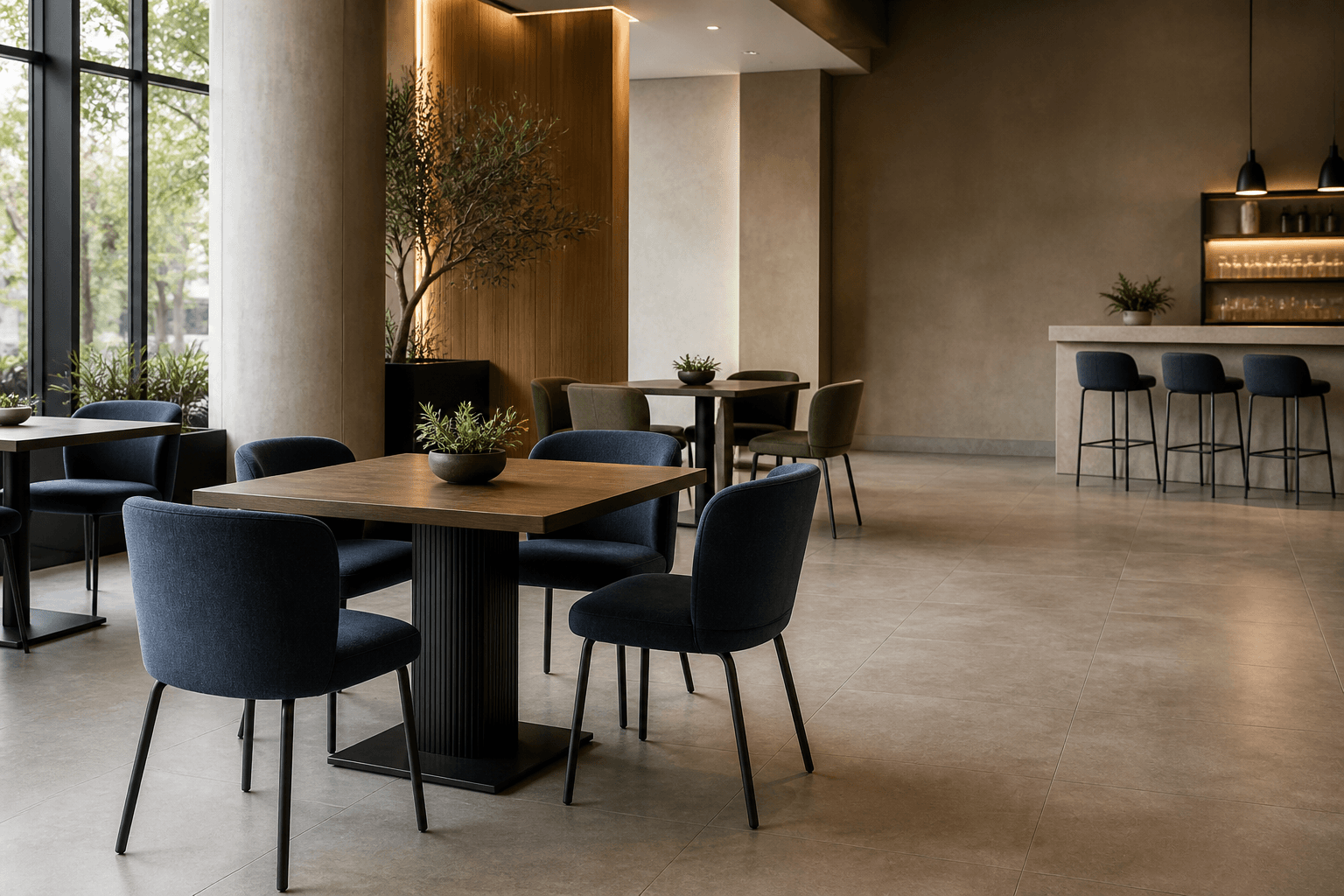 Commercial hospitality tables and upholstered seating in a refined venue