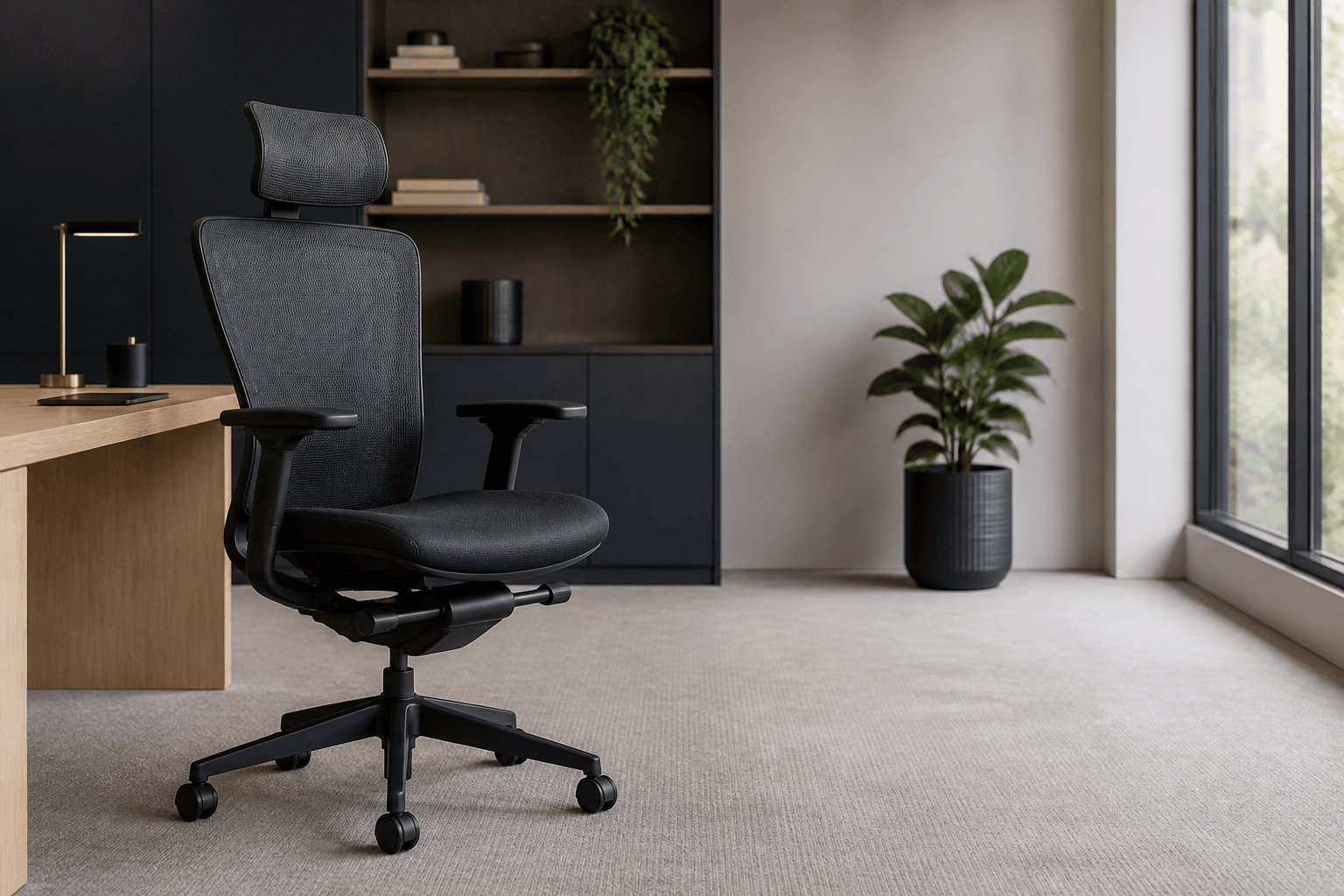 Ergonomic mesh office chair in a modern office