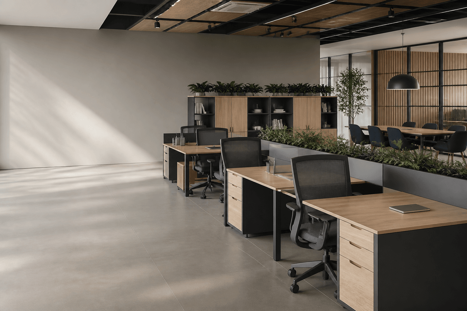 Coordinated desks, chairs and storage in a modern office