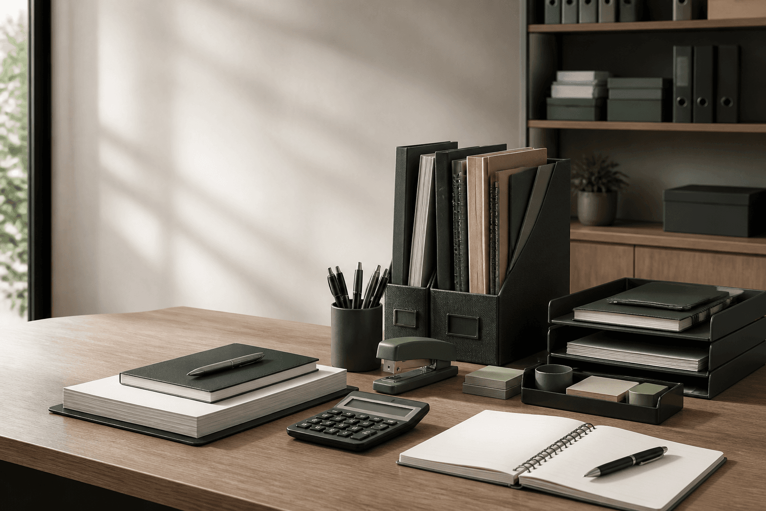 Organised office stationery and desk supplies