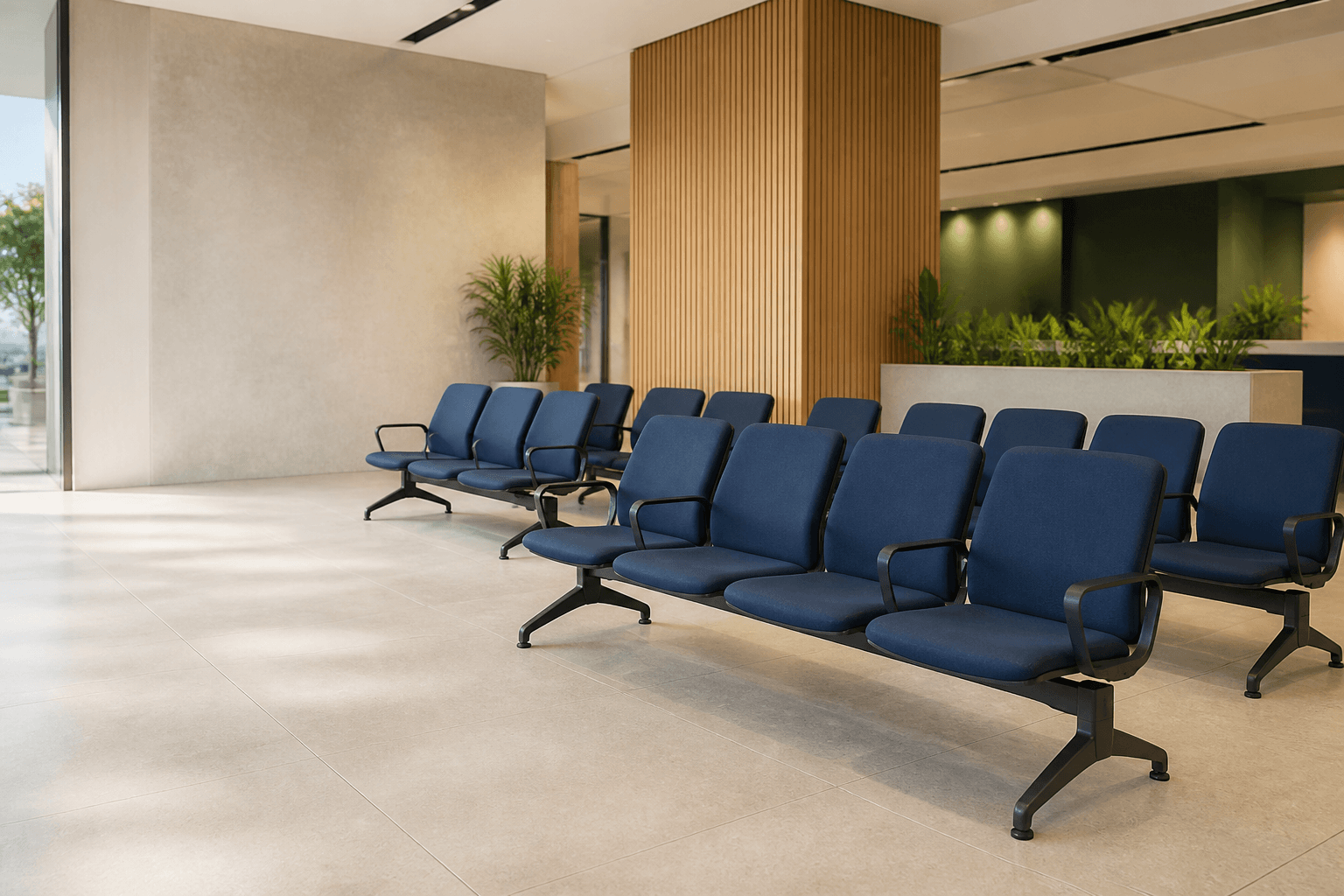 Linked public seating in a modern waiting area