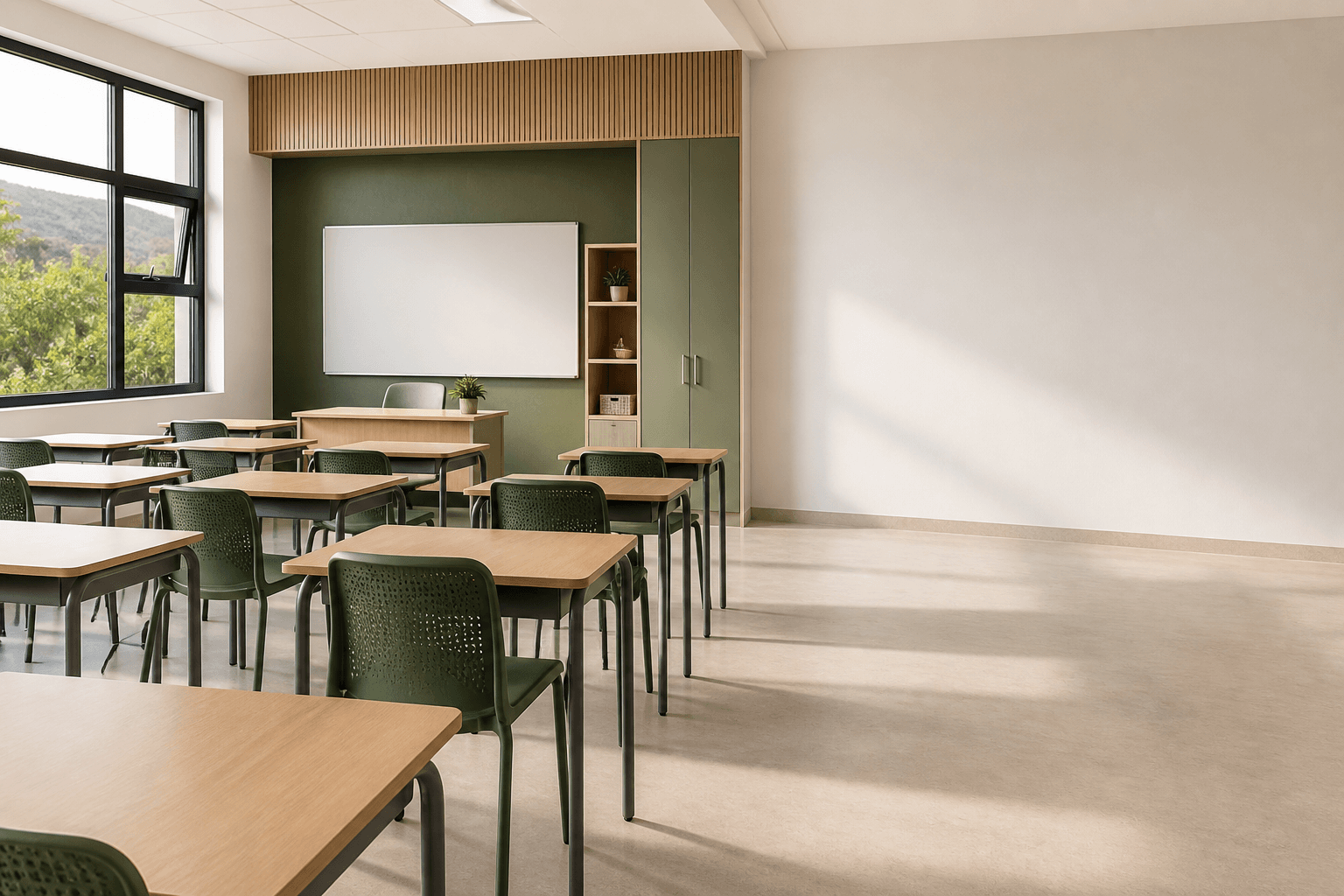 Modern classroom with durable learner desks and chairs
