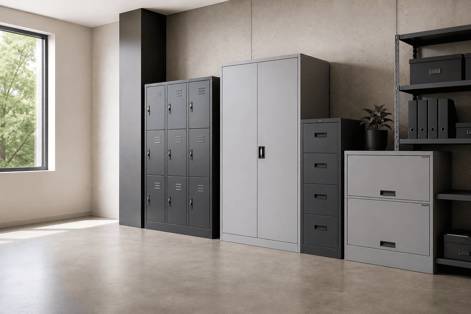 Steel cupboards, lockers and filing cabinets in an organised workplace