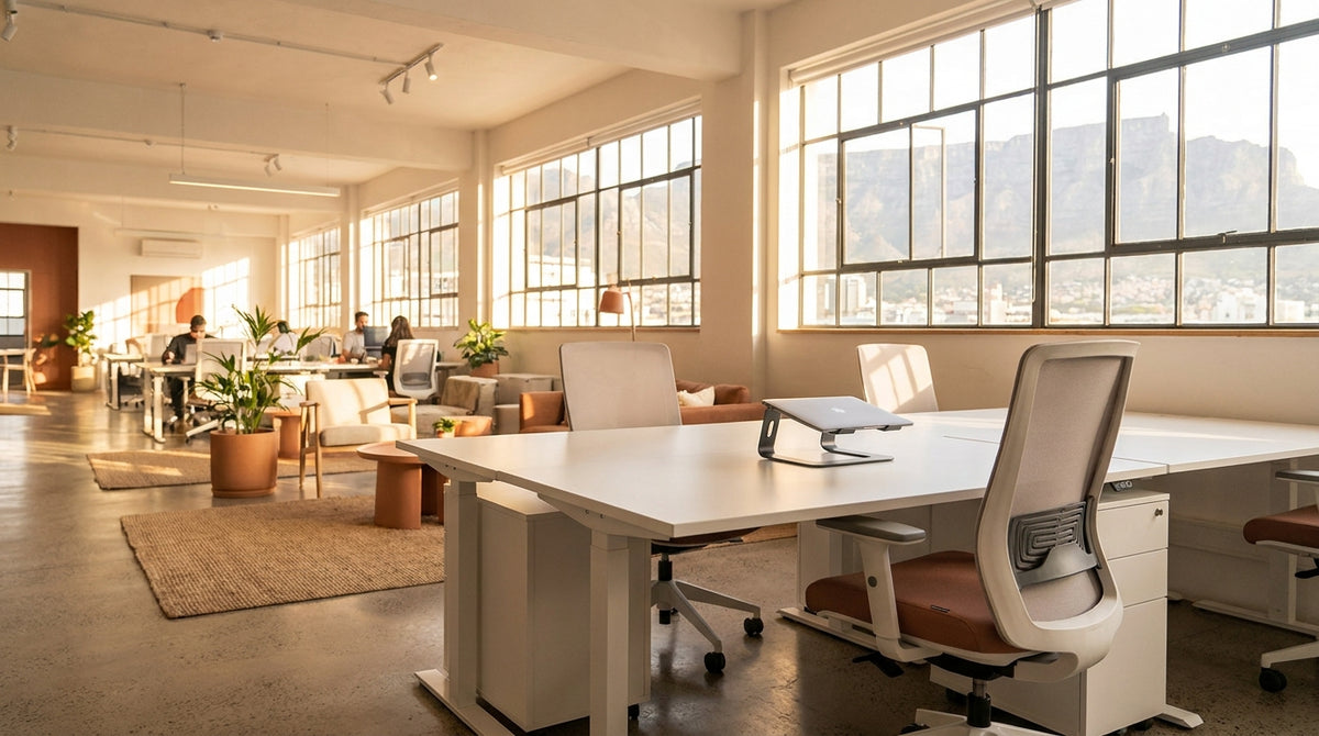 A bright, modern office interior with ergonomic furniture, open workstations, and warm natural light, representing a fully furnished South African workplace.