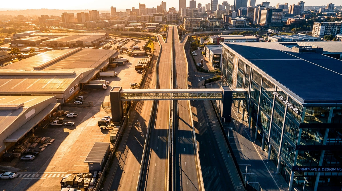 Aerial editorial photograph of a South African business district showing a furniture manufacturing warehouse and a retail showroom separated by a stark architectural divide, shot in warm amber and navy tones at golden hour.