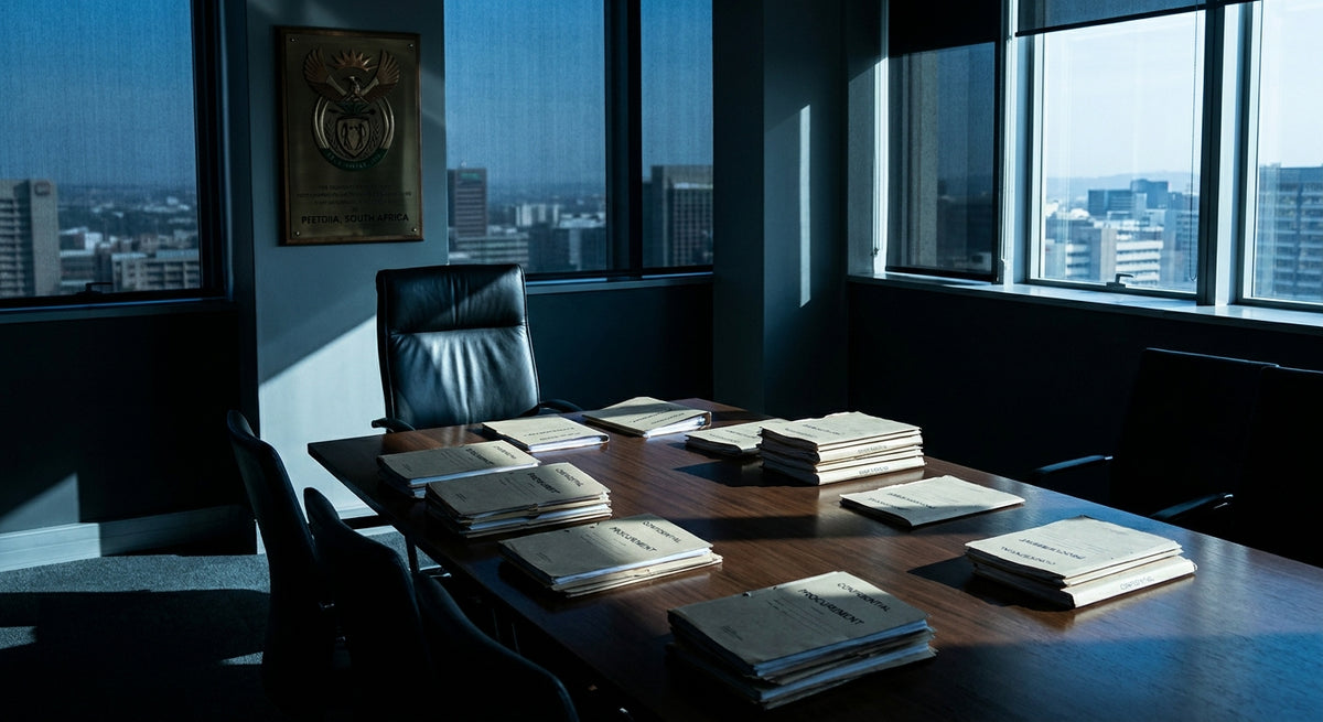 A dimly lit government boardroom with procurement folders stacked on a conference table and an empty chair at the head, evoking themes of accountability and fraud in public sector contracting.