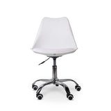 Modern White Typist Office Chair with Durable Construction on a Five-Legged Metal Base and Wheels, Featuring a White Moulded Seat and Backrest, Showcasing a Sleek and Ergonomic Design as a Durable Office Chair.