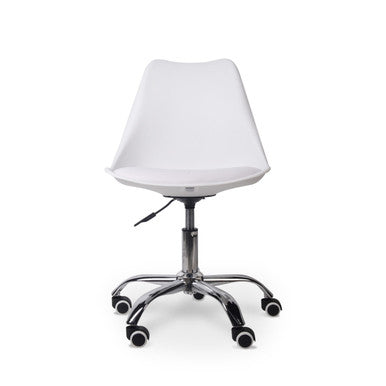 Modern White Typist Office Chair with Durable Construction on a Five-Legged Metal Base and Wheels, Featuring a White Moulded Seat and Backrest, Showcasing a Sleek and Ergonomic Design as a Durable Office Chair.