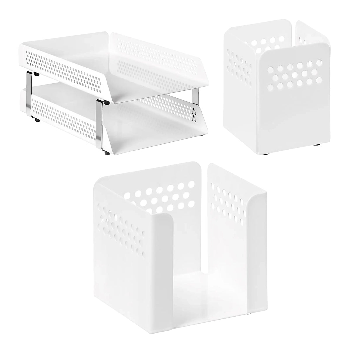 Perforated Steel Desk Set: Two - Tier Letter Tray, Paper Cube Holder & Pencil Cup