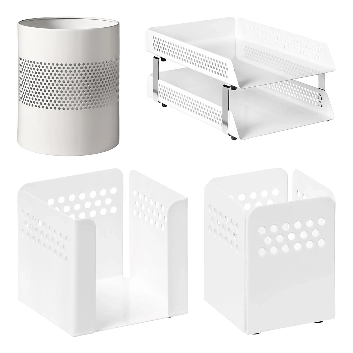 Perforated Steel Desk Set: Two - Tier Letter Tray, Paper Cube Holder, Pencil Cup & Waste Paper Bin