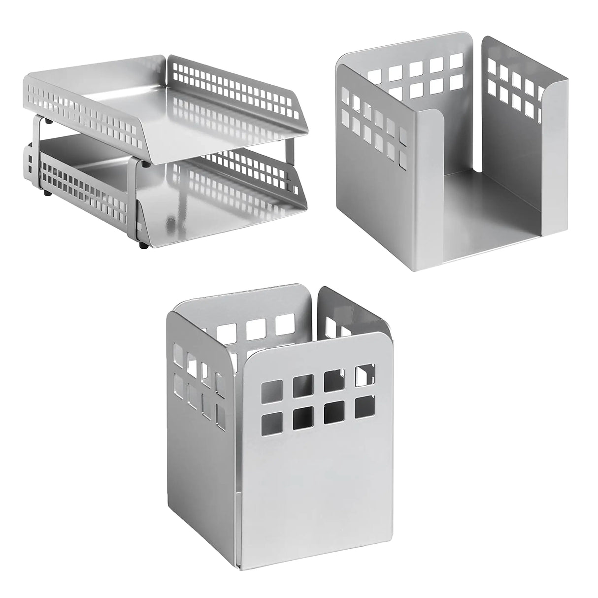 Square Punch Desk Set: Two - Tier Letter Tray, Paper Cube Holder, and Pencil Cup