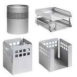 Square Punch Steel Desk Set: Two - Tier Letter Tray, Paper Cube Holder, Pencil Cup, and Waste Paper Bin