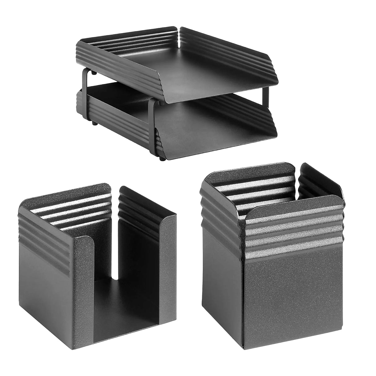 Fluted Steel Desk Set: Two Tier Letter Tray, Paper Cube Holder, and Pencil Cup