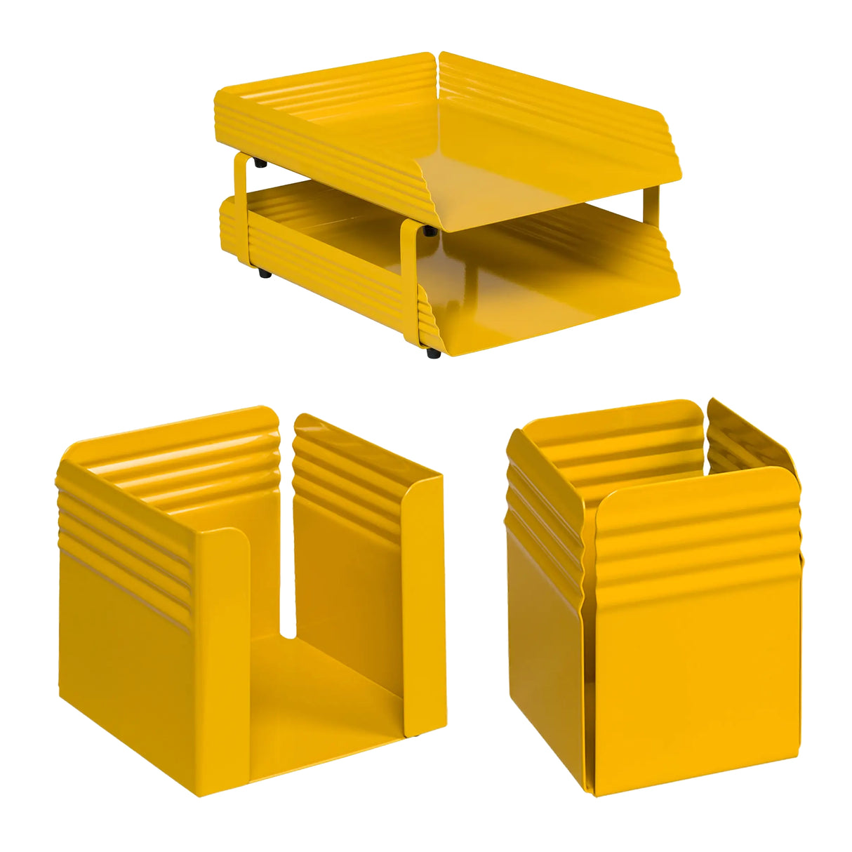 Fluted Steel Desk Set: Two Tier Letter Tray, Paper Cube Holder, and Pencil Cup