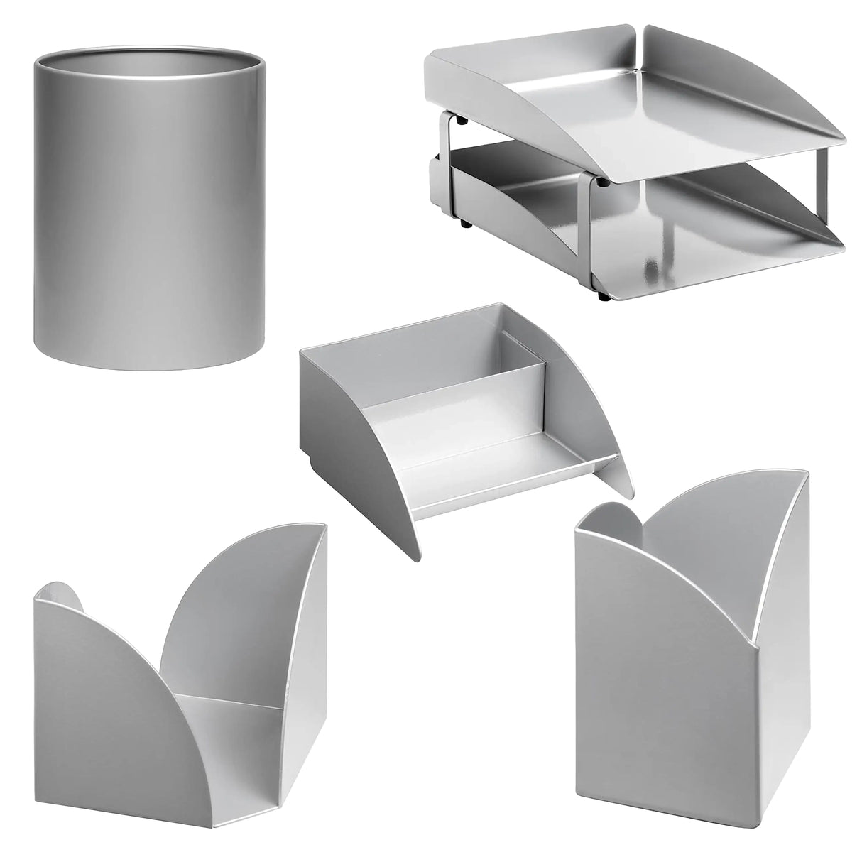 Modern Steel Two - Tier Desk Set: Letter Tray, Paper Cube Holder, Pencil Cup, Business Card Holder & Waste Paper Bin