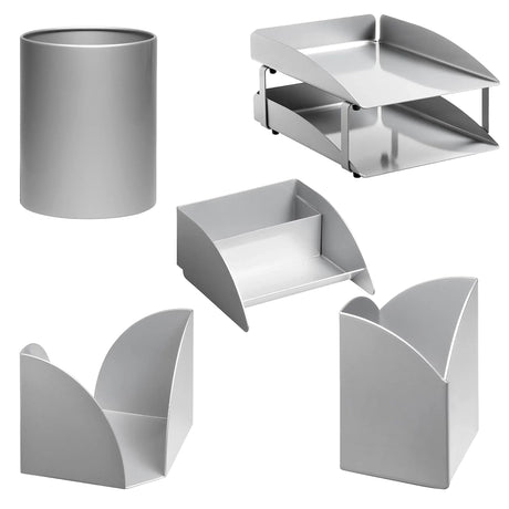 Modern Steel Two - Tier Desk Set: Letter Tray, Paper Cube Holder, Pencil Cup, Business Card Holder & Waste Paper Bin - Office Stock Group