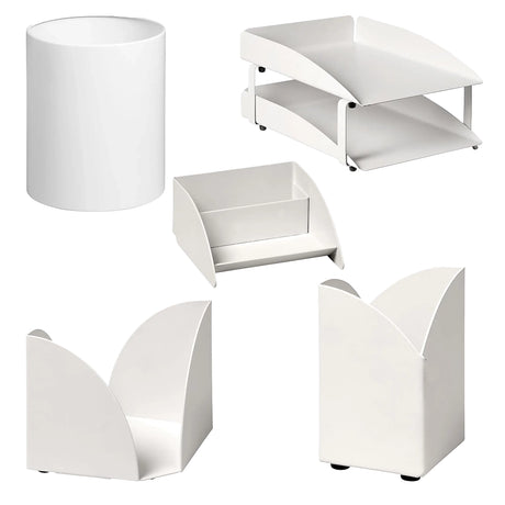 Modern Steel Two - Tier Desk Set: Letter Tray, Paper Cube Holder, Pencil Cup, Business Card Holder & Waste Paper Bin - Office Stock Group