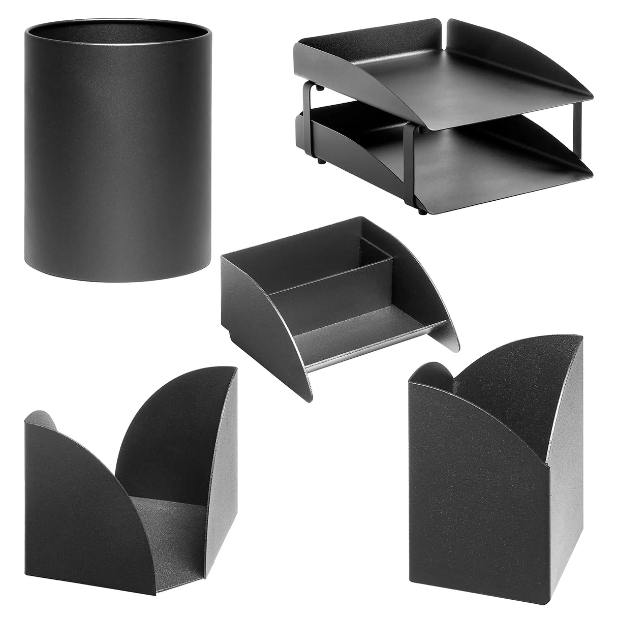 Modern Steel Two - Tier Desk Set: Letter Tray, Paper Cube Holder, Pencil Cup, Business Card Holder & Waste Paper Bin