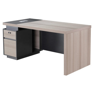 1600 mm Straight Desk with Fixed Pedestal, Modern Office Desk with a Wood Finish Tabletop, Black Frame, and Attached Storage Cabinet for Convenient Workspace Organisation.