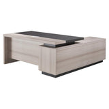 1800 mm Light Oak Executive Desk with Matching Fixed Credenza, Modern Office Furniture with a Sleek Design and a Black Top Surface for Professional Workspace Setup.