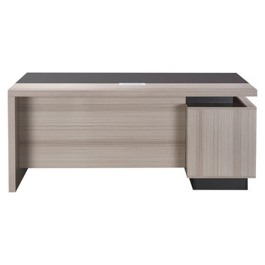 1800 mm Light Oak Executive Desk with Matching Fixed Credenza, Modern Office Furniture in Light Oak Finish with Black Accents, Sleek and Spacious Office Desk with Attached Storage.