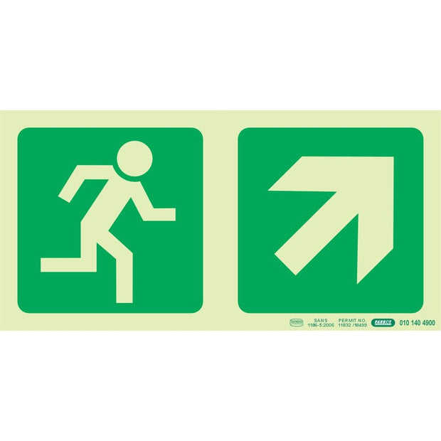 PHOTOLUMINESCENT 190MM SAFETY SIGN -E11-RUNNING MAN+DIAGONAL ARROW UP AND RIGHT PHOTOLUMINESCENT 190MM SAFETY SIGN -E11-RUNNING MAN+DIAGONAL ARROW UP AND RIGHT [Office Stock]