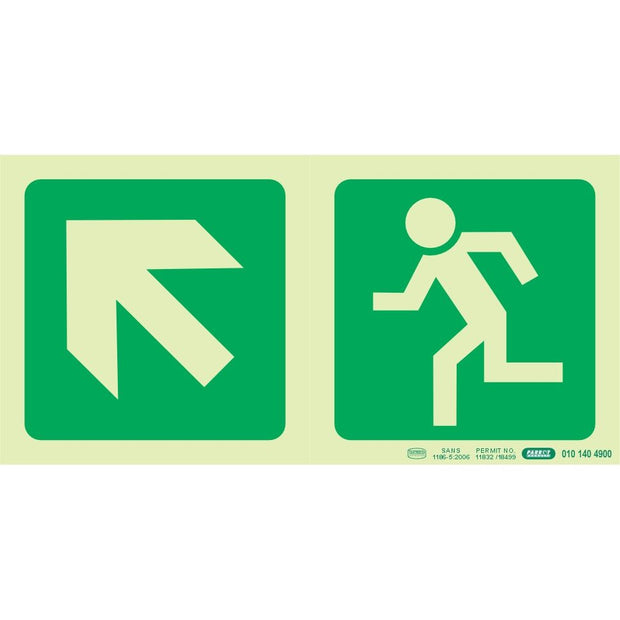 PHOTOLUMINESCENT 190MM SAFETY SIGN -E12-DIAGONAL ARROW UP AND LEFT+RUNNING MAN PHOTOLUMINESCENT 190MM SAFETY SIGN -E12-DIAGONAL ARROW UP AND LEFT+RUNNING MAN [Office Stock]