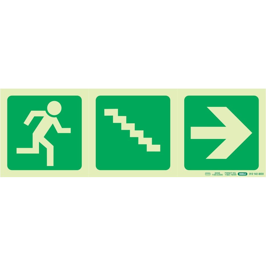 PHOTOLUMINESCENT 190MM SAFETY SIGN -E16-RUNNING MAN+STAIRS GOING DOWN+ARROW RIGHT PHOTOLUMINESCENT 190MM SAFETY SIGN -E16-RUNNING MAN+STAIRS GOING DOWN+ARROW RIGHT [Office Stock]