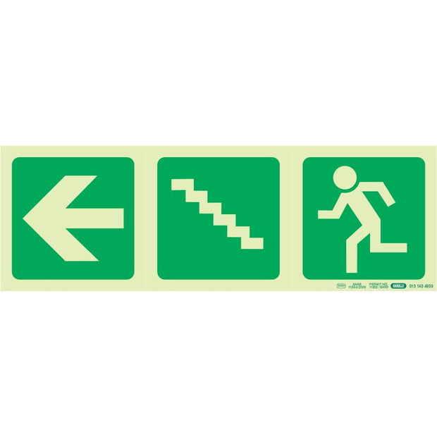 PHOTOLUMINESCENT 190MM SAFETY SIGN -E19-ARROW LEFT+STAIRS GOING U+RUNNING MAN PHOTOLUMINESCENT 190MM SAFETY SIGN -E19-ARROW LEFT+STAIRS GOING U+RUNNING MAN [Office Stock]