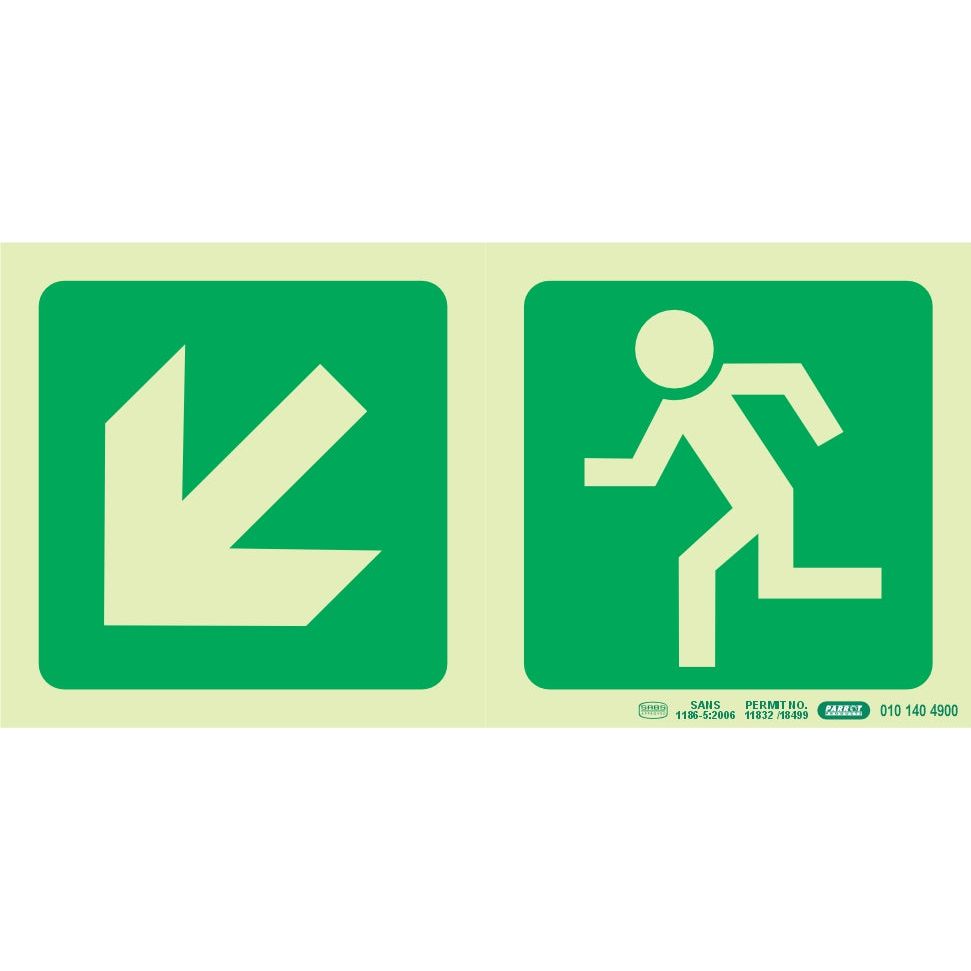 PHOTOLUMINESCENT 190MM SAFETY SIGN -E14-DIAGONAL ARROW DOWN AND LEFT +RUNNING MAN PHOTOLUMINESCENT 190MM SAFETY SIGN -E14-DIAGONAL ARROW DOWN AND LEFT +RUNNING MAN [Office Stock]