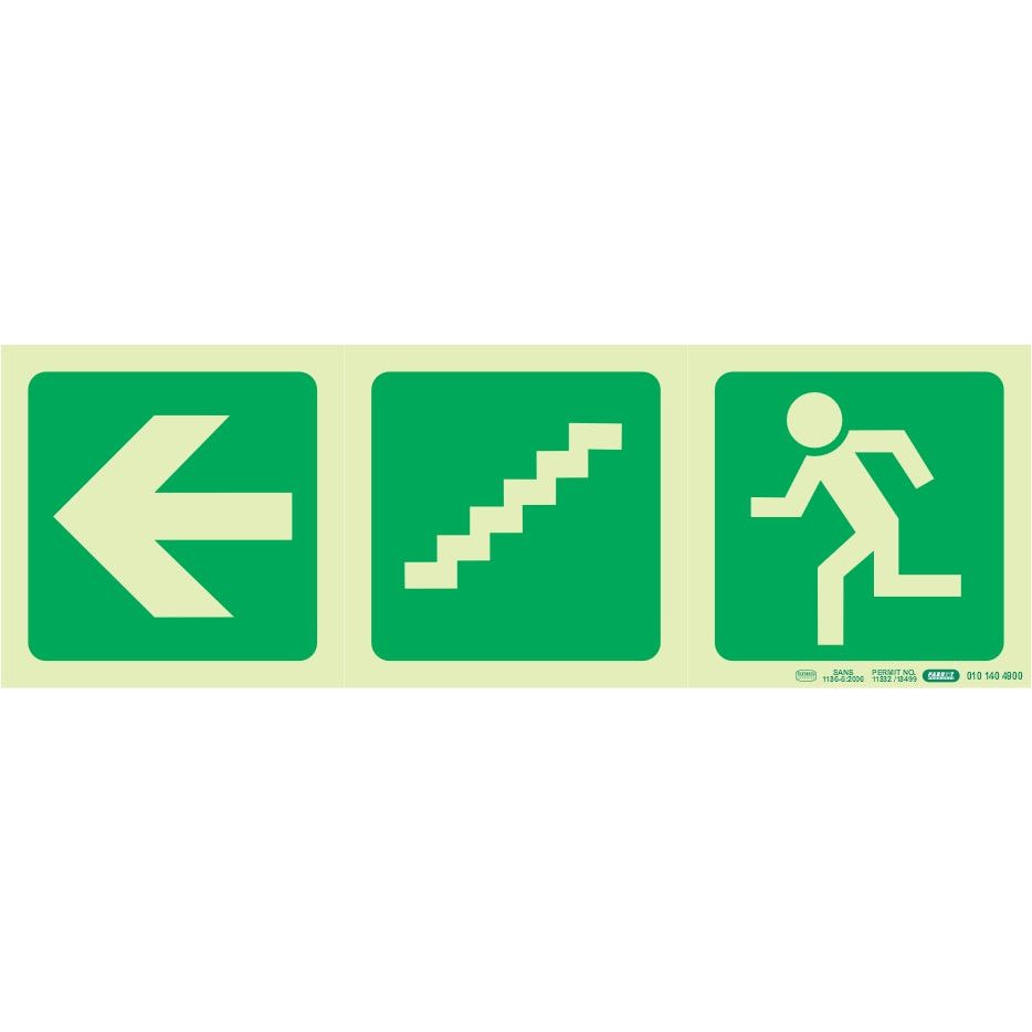 PHOTOLUMINESCENT 190MM SAFETY SIGN -E17-ARROW LEFT+STAIRS GOING DOWN+RUNNING MAN PHOTOLUMINESCENT 190MM SAFETY SIGN -E17-ARROW LEFT+STAIRS GOING DOWN+RUNNING MAN [Office Stock]