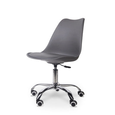 Modern Office Typist Roller Chair with 5-star nylon base, in grey, featuring a curved seat and backrest, adjustable height mechanism, and five black wheels with silver accents, on a white background.