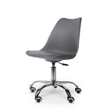 Modern Office Typist Roller Chair with 5-star nylon base, in grey, featuring a curved seat and backrest, adjustable height mechanism, and five black wheels with silver accents, on a white background.