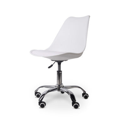 Modern White Office Chair on Five Black Wheels with a Sleek, Ergonomic Design and Adjustable Mechanism, Showcasing a Modern Design Chair with a White Seat and Backrest on a Silver Base.