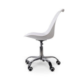 Modern White Typist Office Chair on Five Black Wheels with a Sleek, Ergonomic Design, Ideal for South Africa Office Supply, Featuring a Durable White Seat and Backrest with a Sturdy Metal Base.