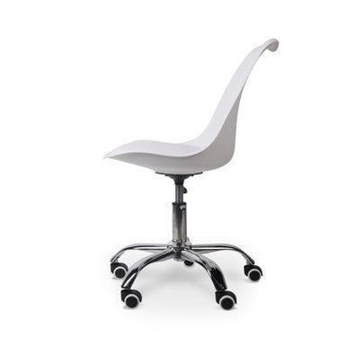Modern White Typist Office Chair on Five Black Wheels with a Sleek, Ergonomic Design, Ideal for South Africa Office Supply, Featuring a Durable White Seat and Backrest with a Sturdy Metal Base.