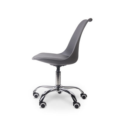 Grey adjustable office chair with 5-star nylon base and wheels, featuring a curved back and seat, presented on a white background, showcasing its ergonomic design and modern style, ideal for comfort and productivity.
