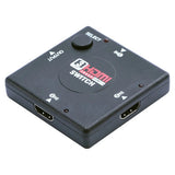 3-Port HDMI Switch, Compact Black Device with Select Button and Ports for HDMI Input and Output, Used for Connecting Multiple HDMI Sources to a Single Display.